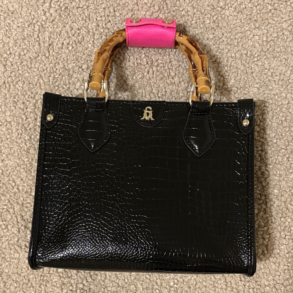 Brand New Steve Madden Black Croc-Embossed Handbag with Bamboo Handles